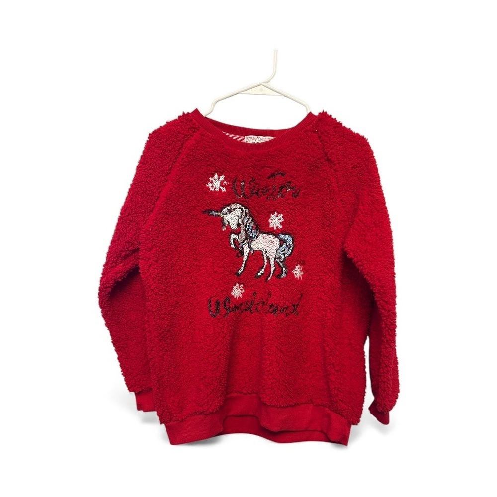 Poof! Festive Sequined Unicorn “Winter Wonderland” Red Christmas Sweater Small